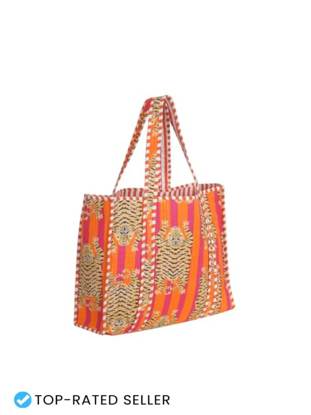 Handmade Cotton Block Print Tote Bag, Tiger Motif, Reusable Shopping Shoulder